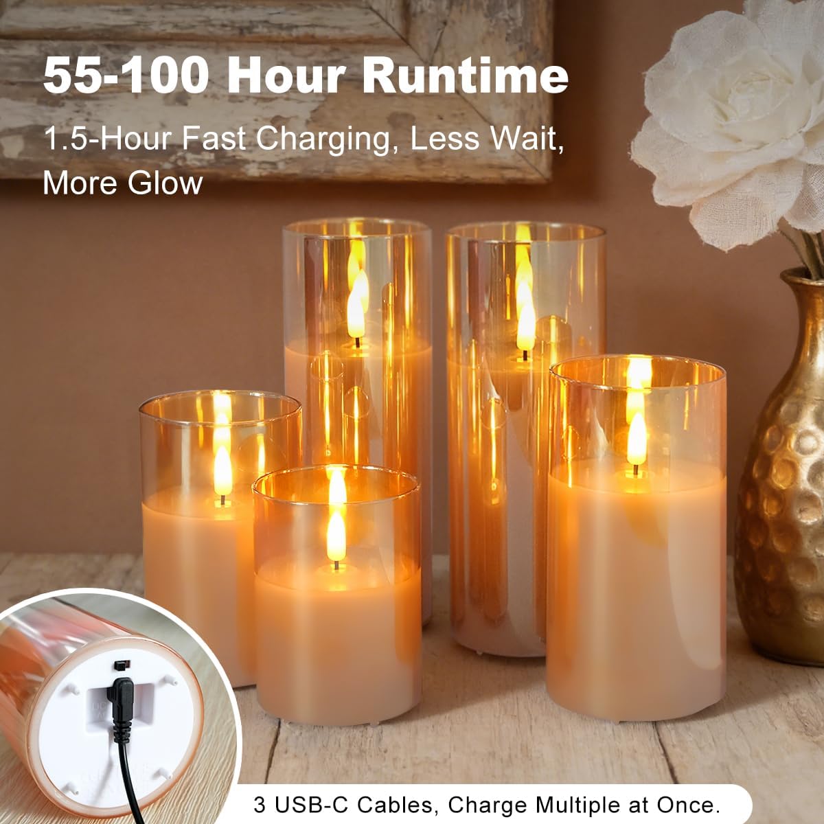 Rechargeable Flameless Glass Pillar Candles–Gifts for Women,–Set of 3, Realistic Flickering LED Light,Remote & Timer, Ideal for Living Room, Bedroom & Festival Wedding Home Party Decor