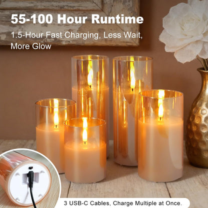 Rechargeable Flameless Glass Pillar Candles–Gifts for Women,–Set of 3, Realistic Flickering LED Light,Remote & Timer, Ideal for Living Room, Bedroom & Festival Wedding Home Party Decor