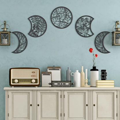 Jetec 5 Pcs Moon Phase Wall Art Decor Wall Pediments Hanging Wooden Phase Spiritual Bedroom Nordic Boho Lunar Aesthetic Art for Living Room Dorm Apartment Ornament(Brown,10.6 Inch,Botanical)