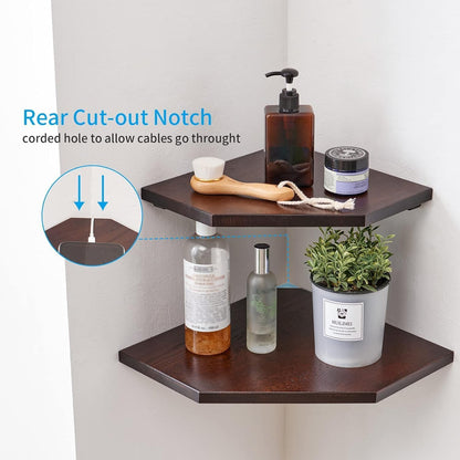 Corner Wall Shelves, Corner Floating Shelves Set of 2 Solid Oak Wood Display Shelf with Wire Hole Small Plant for Kitchen Living Room Natural