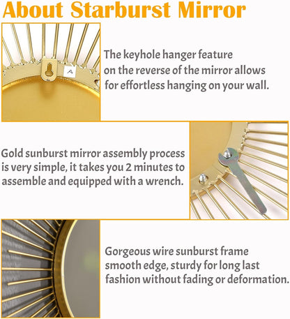 Large Gold Sunburst Mirror - 31" Starburst Wall Mirror with 12" Round Glass, Mid-Century Modern Elegant Gold Sun Mirrors for Living Room, Bedroom, Entryway Decor