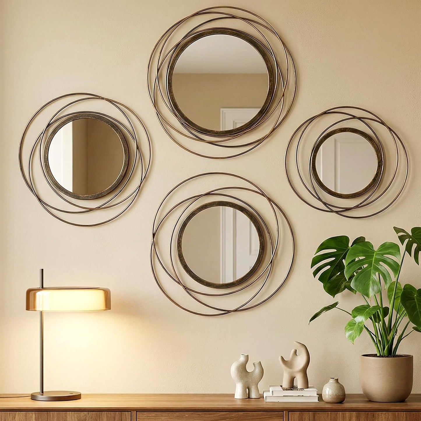 Hicarer 4 Pcs Decorative Wall Mirror Round Modern Circle Mounted Mirror Metal Wall Art Decor for Bedroom Living Room Entryway Dining Room Hallway(Gold)