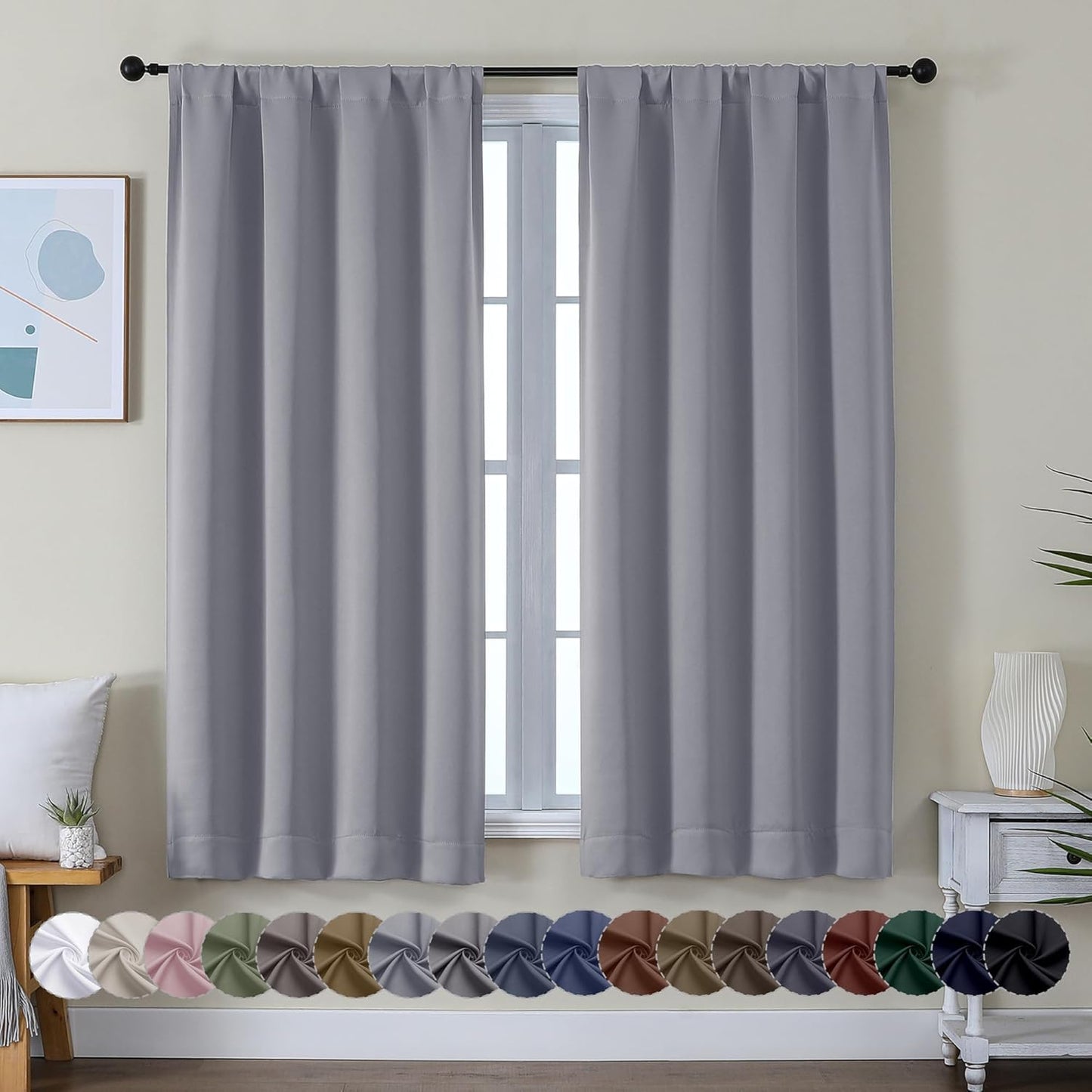 Simplebrand Ava Sage Green Blackout Curtains for Bedroom 63 Inch Length 2 Panels Set, Solid Thermal Insulated Energy Saving Rod Pocket Window Treatment Curtains Blackout Drapes, W40 x L63 Inch, Sage - Colors B