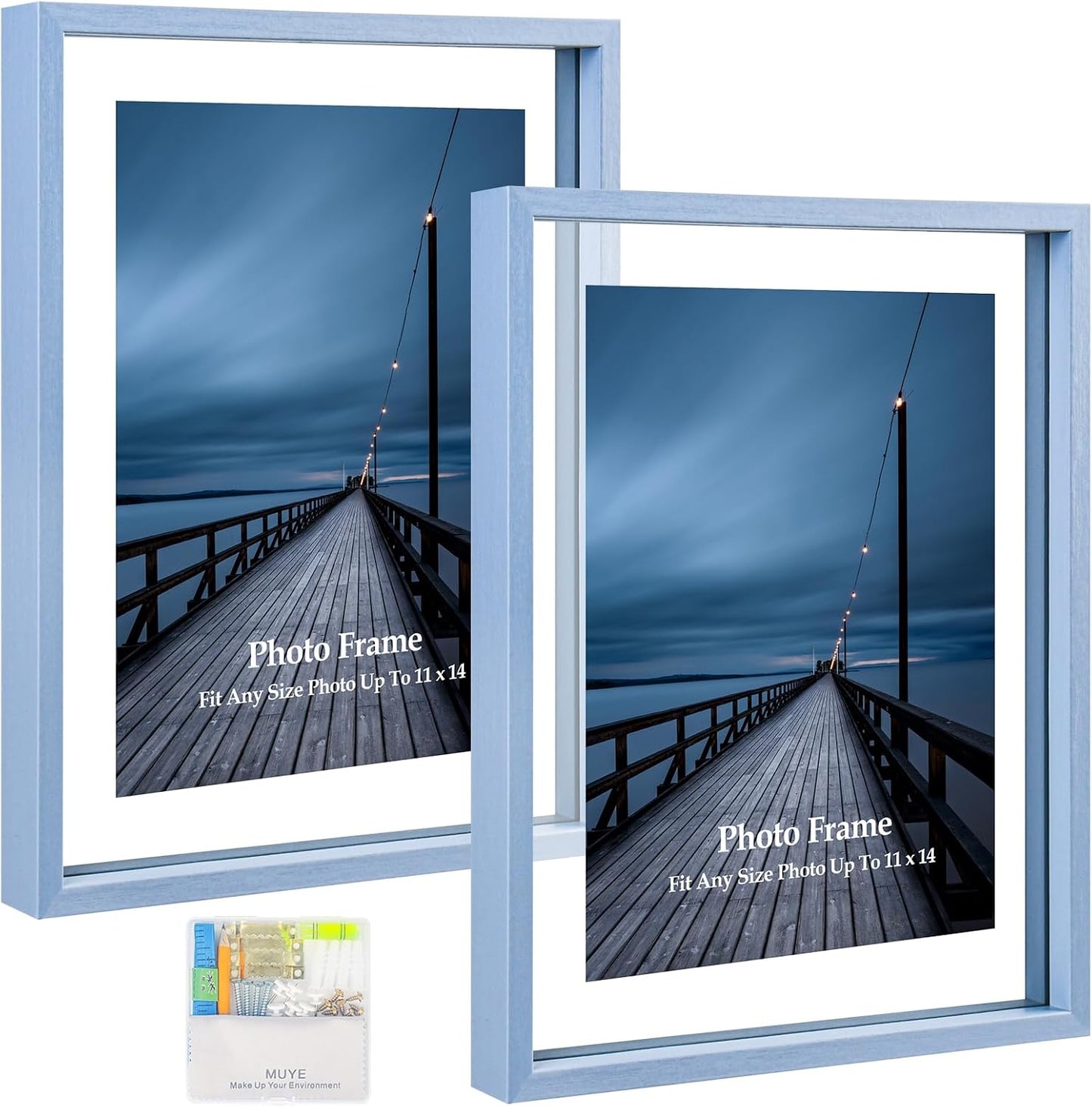 MUYE 11x14 Floating Frame Set of 2,Double Glass Rustic Frame,Display Any Size Photo up to 11x14,Wall Mount or Tabletop Standing,Natural
