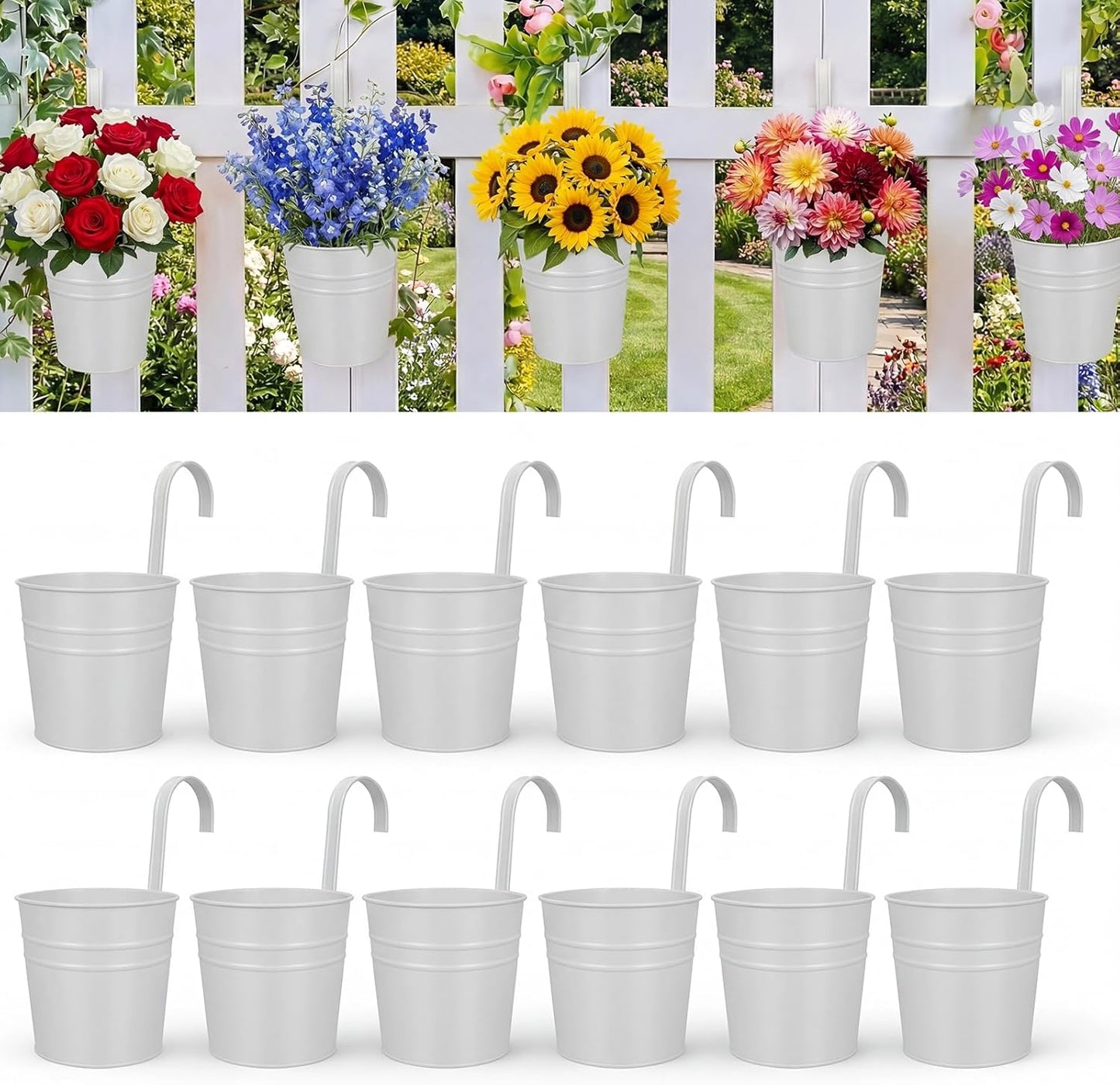 HowRU Metal Iron Flower Pots for Railing Fence Hanging Bucket Pots(5 Pcs) and Hanging Flower Pots Metal Iron Bucket Planter(10 Pcs) (Black)