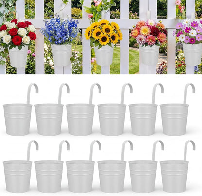 HowRU Metal Iron Flower Pots for Railing Fence Hanging Bucket Pots(5 Pcs) and Hanging Flower Pots Metal Iron Bucket Planter(10 Pcs) (Black)