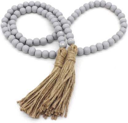 CVHOMEDECO. Wood Beads Garland with Tassels Farmhouse Rustic Wooden Prayer Bead String Wall Hanging Accent for Home Festival Decor. Mix Distressed