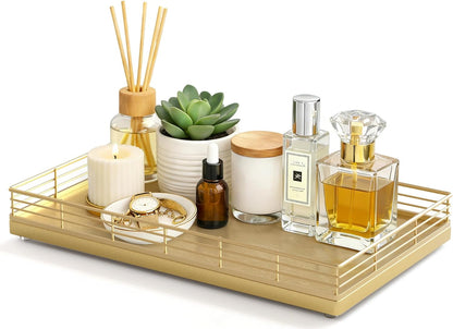 Bathroom Vanity Tray for Countertop, 12" x 6" Acacia Wood Toilet Tank Tray with Metal Guardrail, Bathroom Organizer for Soap, Perfume & Skincare, Non-Slip Decorative Tray for Dresser, Black & Acacia