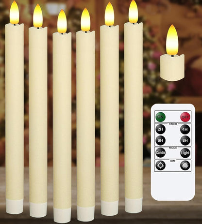KSWING Upgraded Real Wax Short LED Flameless Taper Candles with Remote, 6 PCS White Candlesticks Battery Operated 3D Flickering - 6" Realistic Fake Candle Sticks for Home/Wedding/Fireplace Xmas Decor