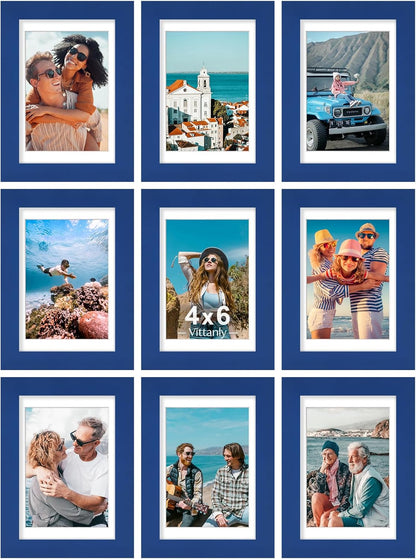 Vittanly 8x10 Picture Frames Set of 9, Shatter Resistant Plexiglass, Display 5x7 Pictures with Mat or 8x10 without Mat, Photo Frames for Wall or Tabletop, Engineered Wood, Black - Colors B