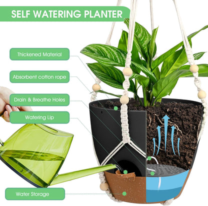 Vanslogreen Hanging Planters for Indoor Outdoor Plants, 2 Pack Self Watering Hanging Pot with Drainage Holes & Removable Tray (Black, 8'')