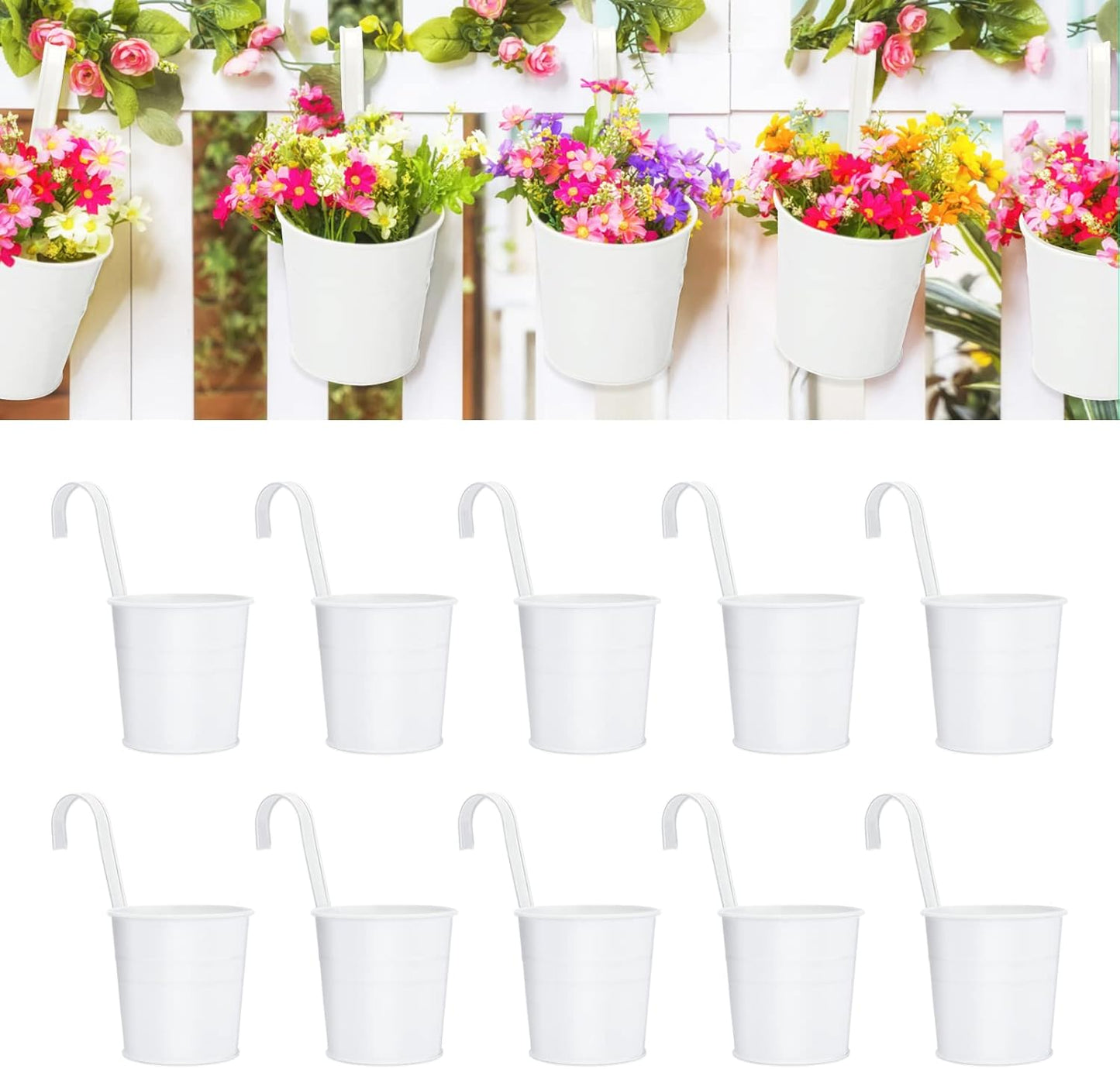 KINGLAKE Flower Pots,10 Pcs Metal Iron Hanging Flower Plant Pots Balcony Garden Plant Planter Baskets Fence Bucket Pot 4'' Flower Holders with Detachable Hook