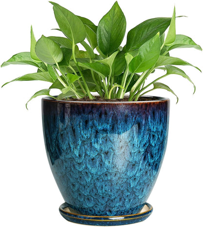 10 Inch Ceramic Planter Pot Round Plant Pot for Indoor Plants Outdoor Large Flower Pot with Drainage Hole and Saucer Blue
