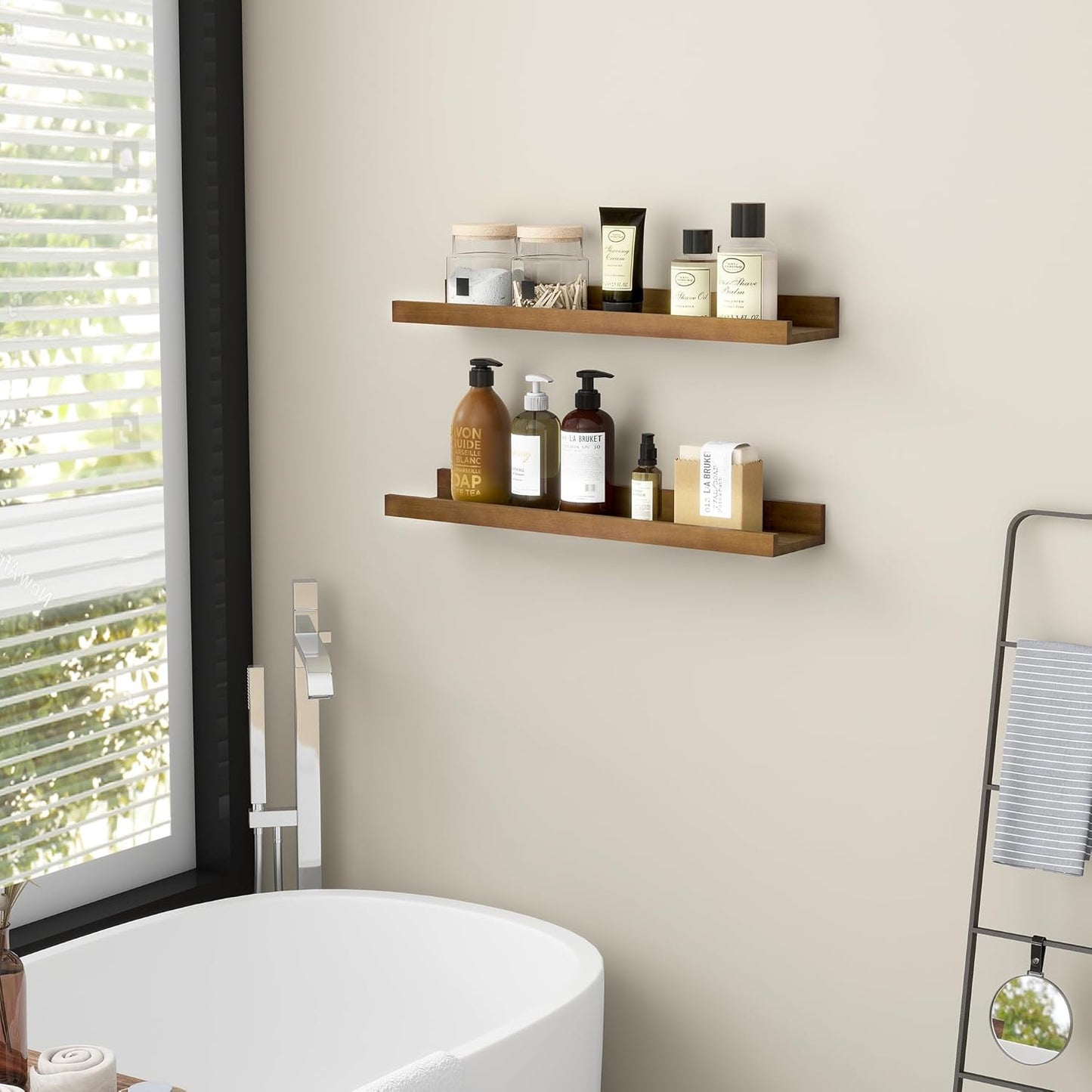 FLYJOE Picture Ledge Shelf, Floating Shelves Set of 2, Solid Pine Wood 55'' Long Large Nursery Book Shelves for Toys Storage, Kids Bookshelf for Living Room Bedroom Decor Books Photo Frames, Walnut