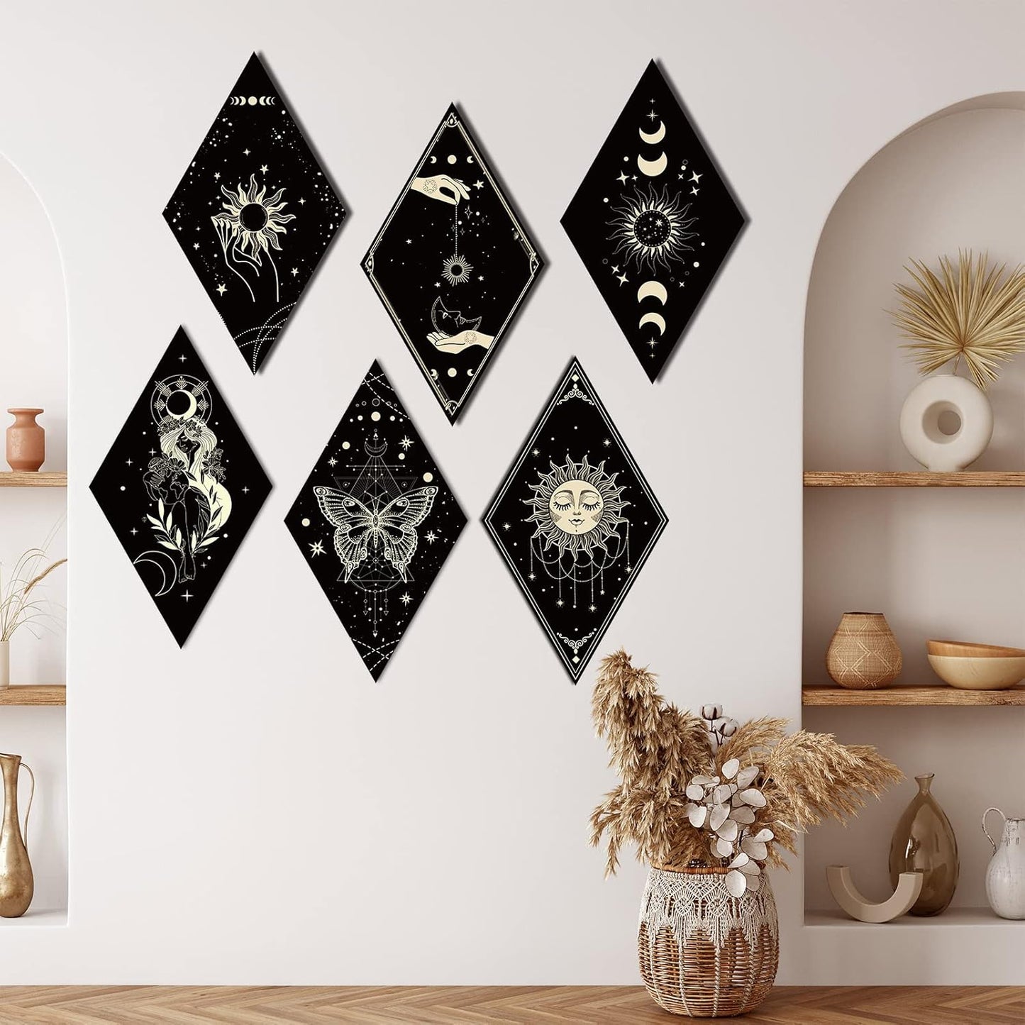 Sintuff 6 Pieces Gothic Wall Decor Boho Sun Moon Phases Wall Art Gothic Minimalist Stars Sun Hanging Wooden Home Decor Farmhouse Pediments for Gallery Living Bedroom Room(Mushroom)