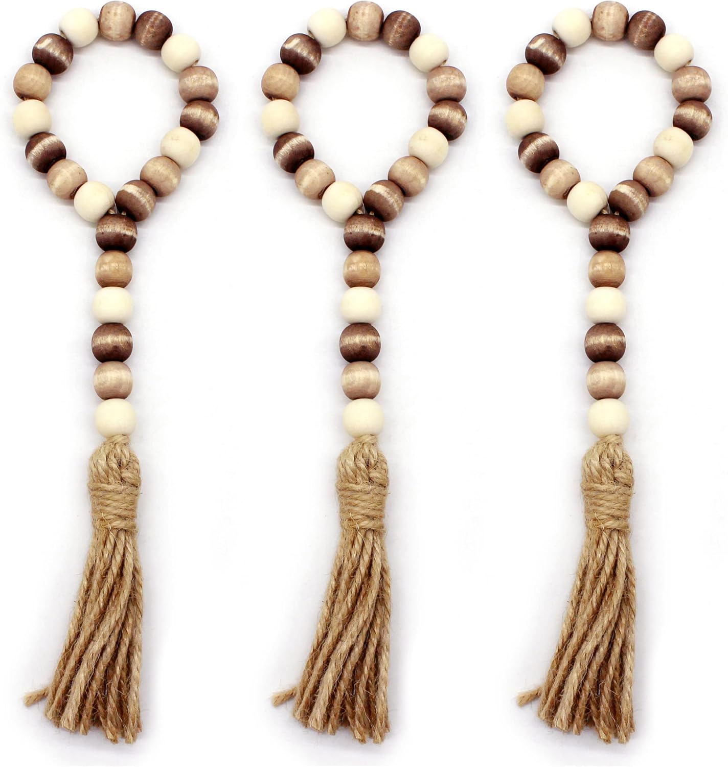 CVHOMEDECO. Wood Beads Garland with Tassels 3 PCS Farmhouse Rustic Wooden Prayer Bead String Wall Hanging Accent for Home Festival Decor. Natural