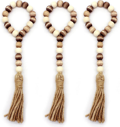 CVHOMEDECO. Wood Beads Garland with Tassels 3 PCS Farmhouse Rustic Wooden Prayer Bead String Wall Hanging Accent for Home Festival Decor. Natural