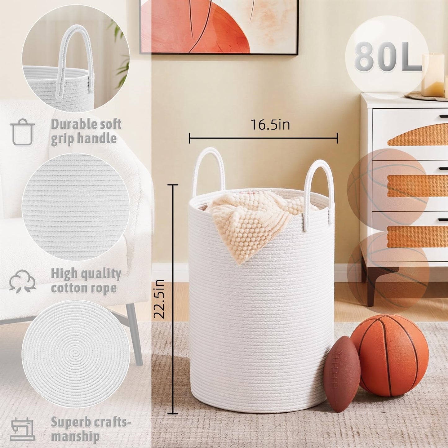 Artfeel Laundry Basket,Woven Cotton Rope Laundry Hamper,60L for Decor Storage of Dirty Clothes,Toys and Blankets in Bathroom,Baby Room and Living Room