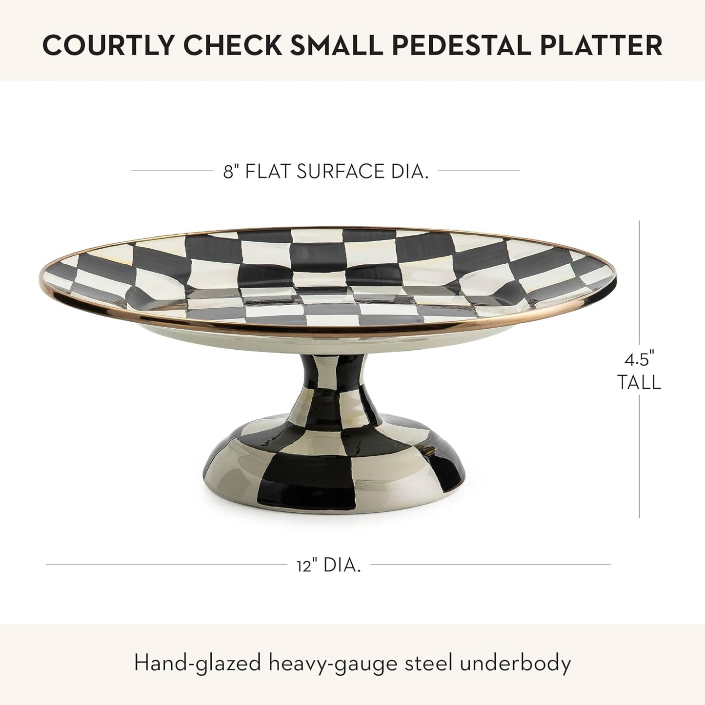 MACKENZIE-CHILDS Enamel Pedestal Serving Platter, Decorative Serving Dish for Food, Small, Black-and-White Courtly Check