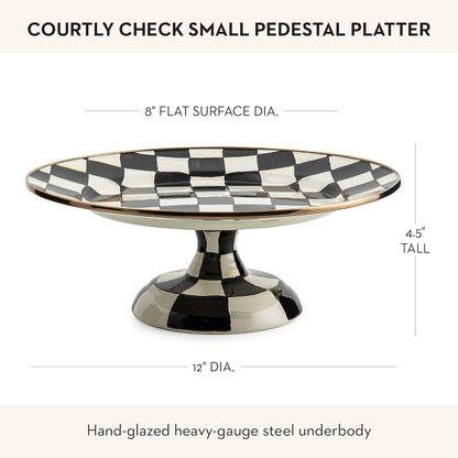 MACKENZIE-CHILDS Enamel Pedestal Serving Platter, Decorative Serving Dish for Food, Small, Black-and-White Courtly Check