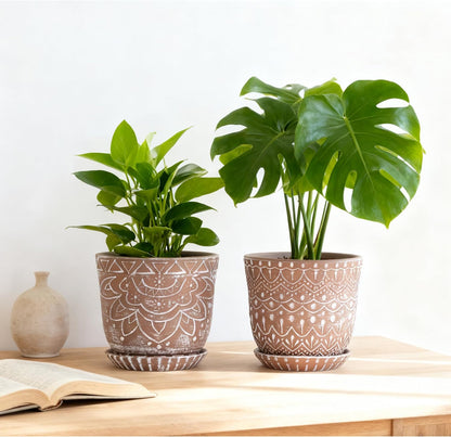 Gepege 6 Inch Beaded Ceramic Planter Set of 2 with Drainage Hole and Saucer for Plants, Indoor-Outdoor Large Round Succulent Orchid Flower Pot (Smoked Gray, Inner-pots not Larger Than 5 Inch)