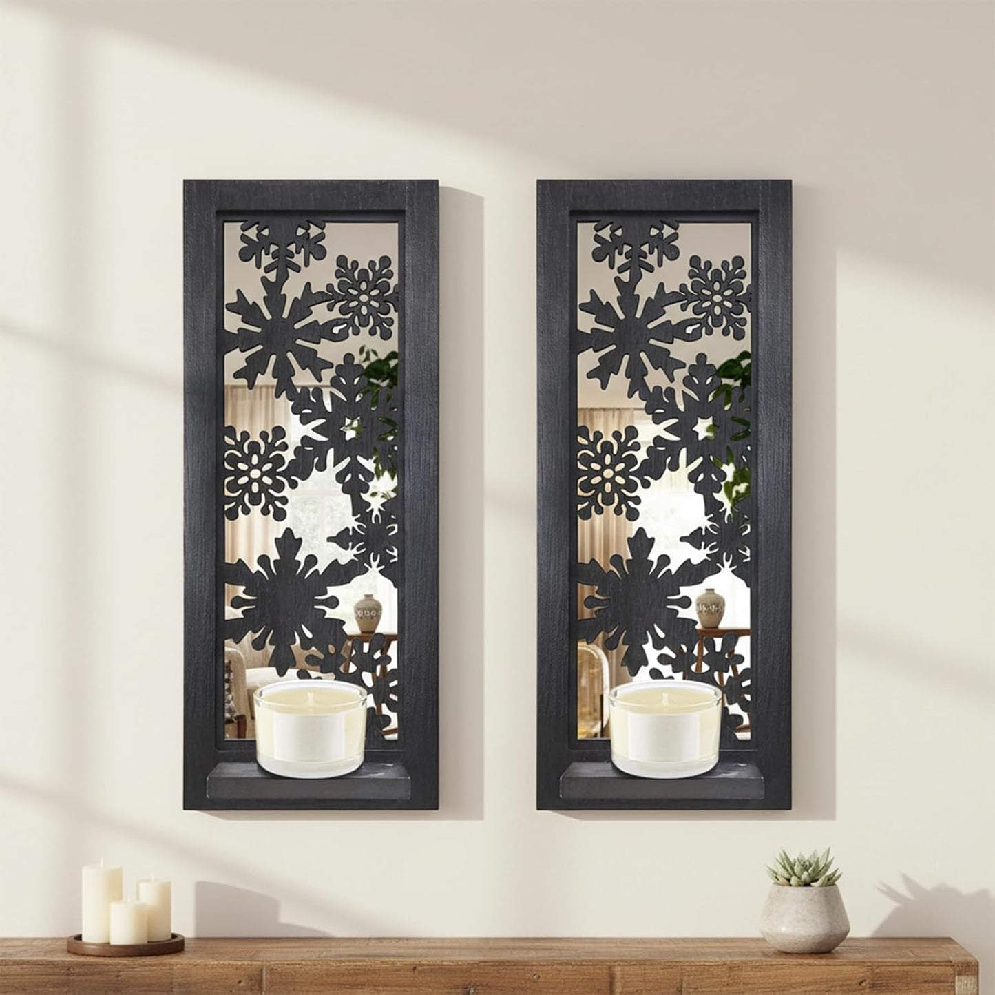 Wood Wall Sconce Candle Holder Set 2, Rustic Wall-Mount Candle Holders, Farmhouse Hanging Wall Décor, Carved Wood Frame, Mirrored Candle Holder (Distressed White)