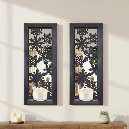 Wood Wall Sconce Candle Holder Set 2, Rustic Wall-Mount Candle Holders, Farmhouse Hanging Wall Décor, Carved Wood Frame, Mirrored Candle Holder (Distressed White)