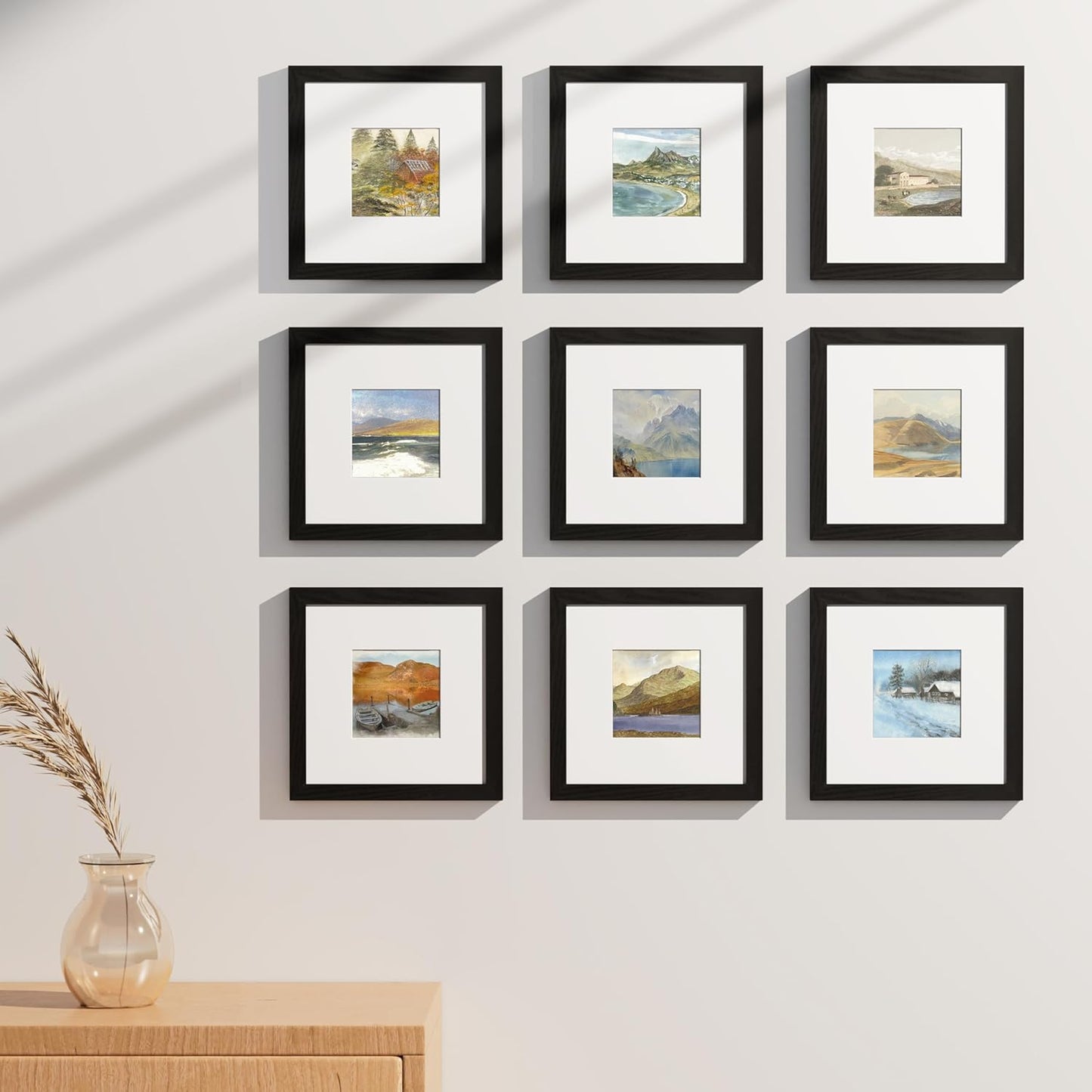 Vittanly 8x10 Picture Frames Set of 9, Shatter Resistant Plexiglass, Display 5x7 Pictures with Mat or 8x10 without Mat, Photo Frames for Wall or Tabletop, Engineered Wood, Black - Colors A