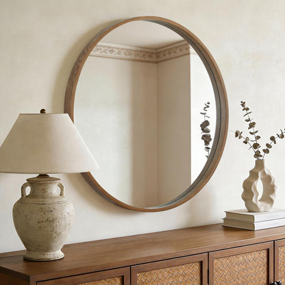 WallBeyond Wood Round Mirror with Wood Frame 24 inch Circle Wall Mirror for Bathroom Round Wall Mirror for Wall Decor, Vanity, Entryway Living Room (Walnut)