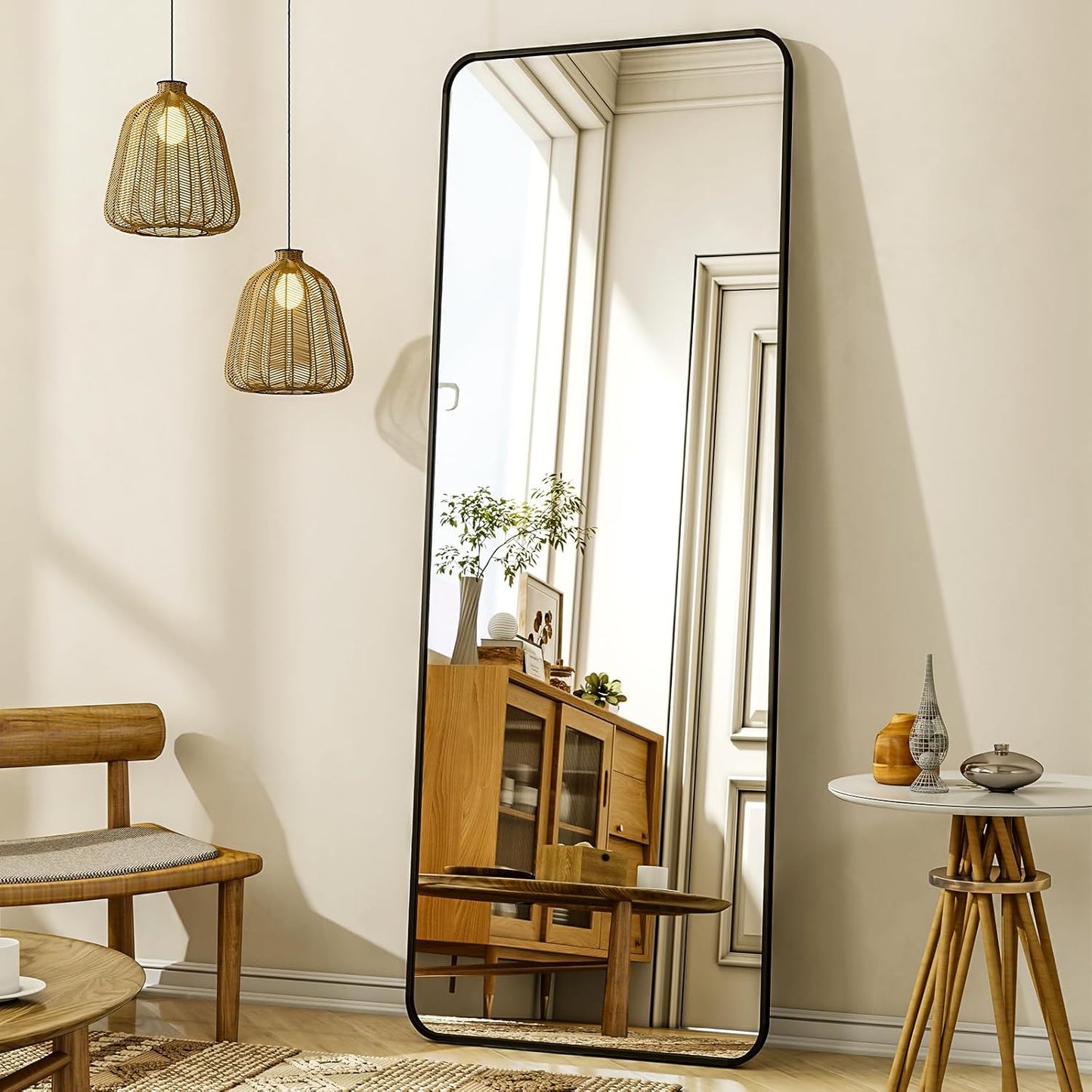 XRAMFY 56"x21" Floor Full Length Mirror Standing Full Body Rounded Corner Rectangle Mirrors with Stand Hanging Wall Mounted Leaning Bedroom Living Room Bedroom Cloakroom,Gold