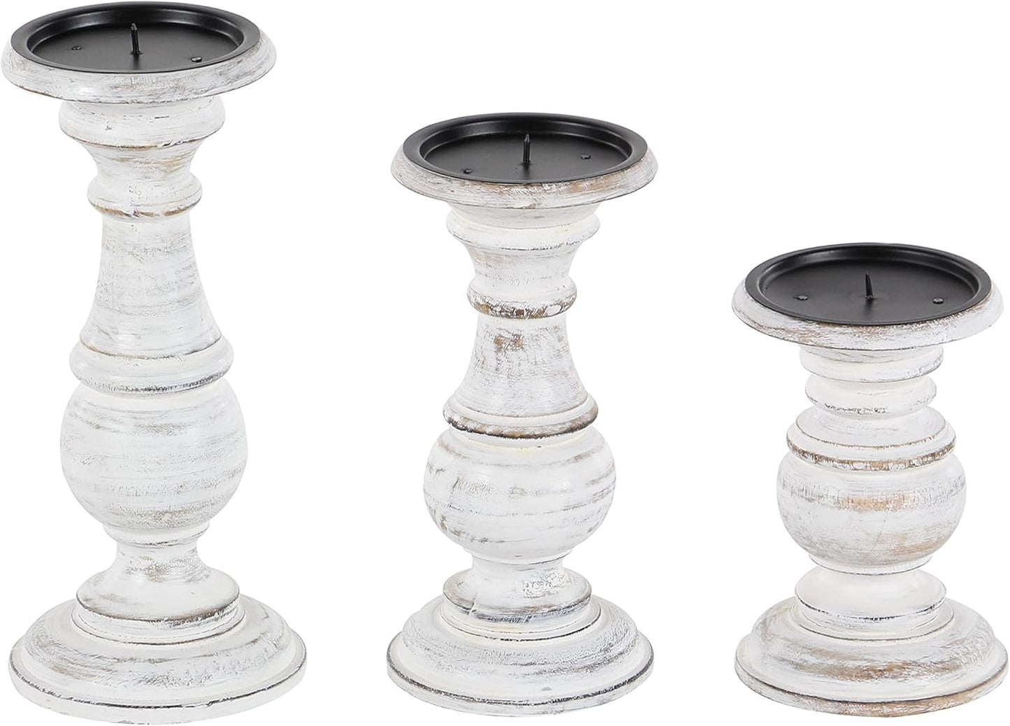 Deco 79 Mango Wood Decorative Candle Holder Distressed Turned Pillar Candle Stand, Set of 3 Candlestick Holder 6", 8", 10"H, Light Blue