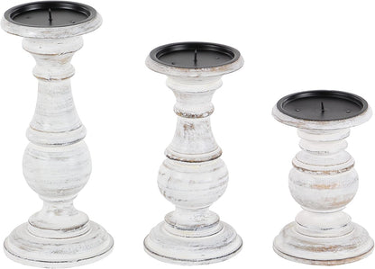 Deco 79 Mango Wood Decorative Candle Holder Distressed Turned Pillar Candle Stand, Set of 3 Candlestick Holder 6", 8", 10"H, Light Blue