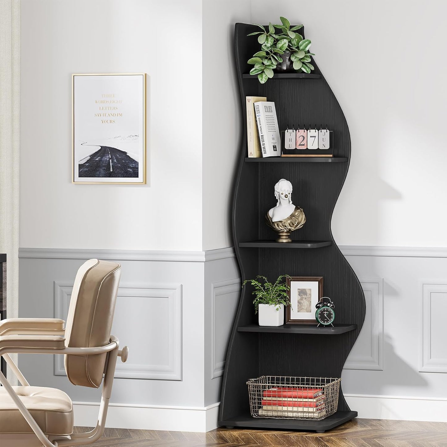Tribesigns Corner Shelf, Modern 5-Tier Wall Corner Bookshelf, Stylish Corner Small Bookcase Storage Rack Plant Stand with Unique Shape for Living Room, Home Office (White, 1PC)
