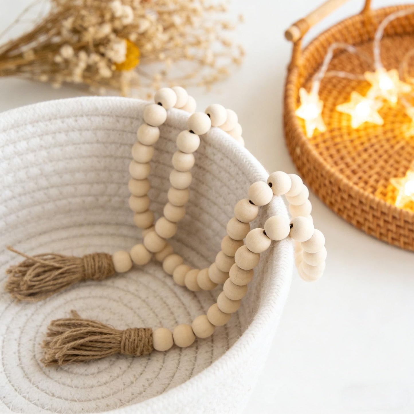 Farmhouse Decor, 59in Wooden Beads Garland with Tassels, Rustic Farmhouse Prayer Boho Beads for Coffee Table Wall Country Decor