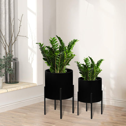 ARNIS Modern Plant Pots, Set of 2 Large Planters with Stand, Decorative Planters, Metal Pots with Drainage Holes for Living Room, Office, Garden or Balcony, 8.25 &10.5 Inch, Dirt