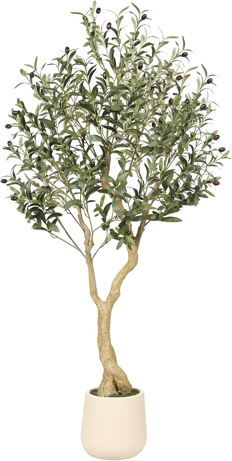 Realead 6ft Artificial Olive Tree with Tall Exquisite Planter - Realistic Faux Olive Tree with Thick Trunk and Lifelike Fruits - Large Fake Olive Tree for Home Office Decor