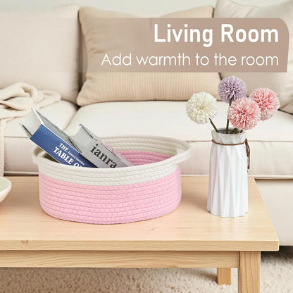 JMvicyroam Woven Basket,Small Rope Storage Bin with Handles & Ribbon Bag, Organizer for Shelves Closets,Gift Basket Empty for Birthday,Books,Dog Toys,White