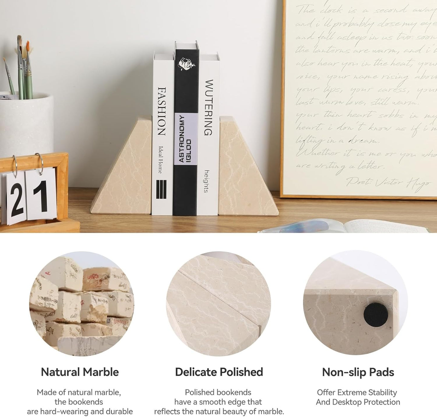 Karibiber Travertine Bookends for Heavy Books, Marble Decorative Bookends for Shelves, Heavy-Duty Stone Book Ends for Hardback Book & Cookbooks, Unique Book Stopper & Holder, Travertino Italy