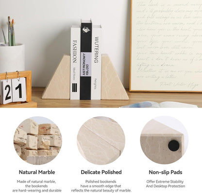 Karibiber Travertine Bookends for Heavy Books, Marble Decorative Bookends for Shelves, Heavy-Duty Stone Book Ends for Hardback Book & Cookbooks, Unique Book Stopper & Holder, Travertino Italy