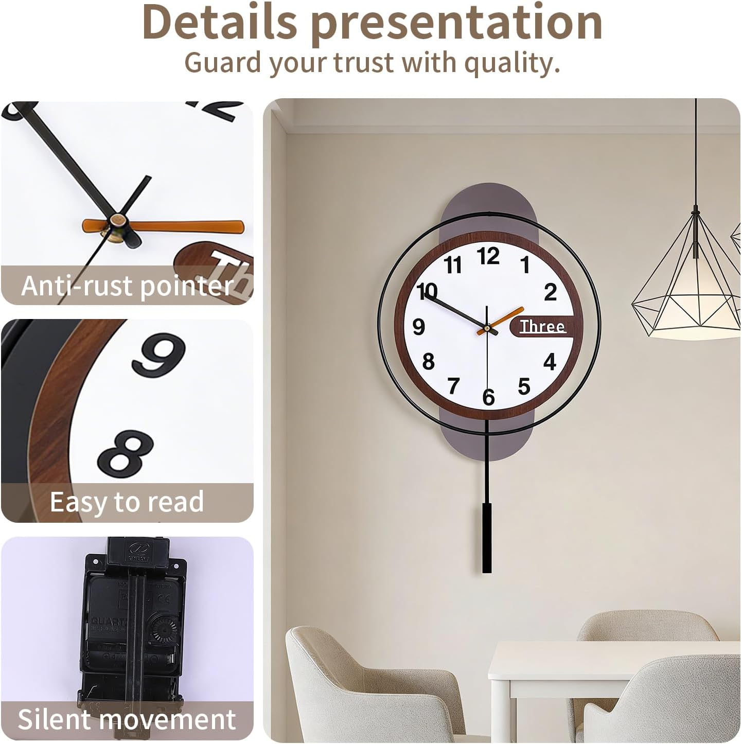 Wall Clock with Pendulum,Silent Quality Quartz Battery Operated,Modern Large Wall Clocks for Living Room Kitchen Home Bathroom Bedroom Wall Decor,16.2x26Inch(Black)
