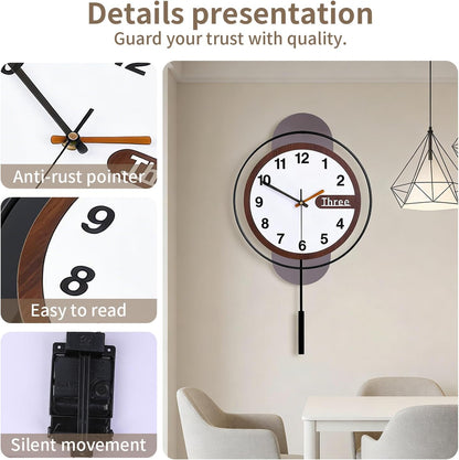 Wall Clock with Pendulum,Silent Quality Quartz Battery Operated,Modern Large Wall Clocks for Living Room Kitchen Home Bathroom Bedroom Wall Decor,16.2x26Inch(Black)