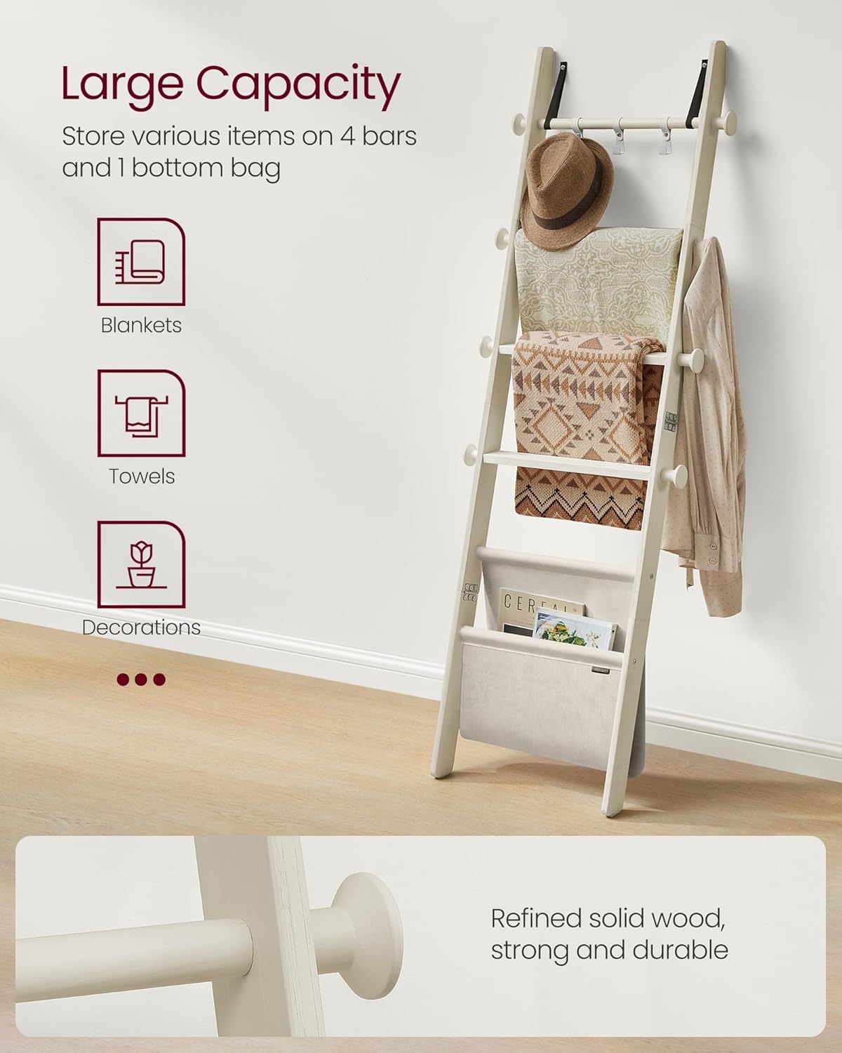 VASAGLE Blanket Ladder for Living Room, 5-Tier Wooden Ladder Shelf, Decorative Farmhouse Blanket Rack with Synthetic Leather Bag, Metal Hooks, Side Hooks, for Bedroom, Caramel Brown ULLS022K01