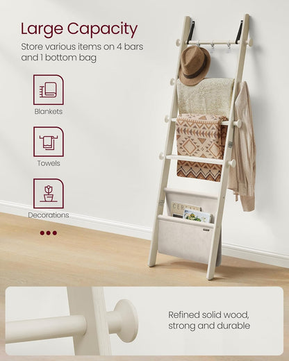 VASAGLE Blanket Ladder for Living Room, 5-Tier Wooden Ladder Shelf, Decorative Farmhouse Blanket Rack with Synthetic Leather Bag, Metal Hooks, Side Hooks, for Bedroom, Caramel Brown ULLS022K01