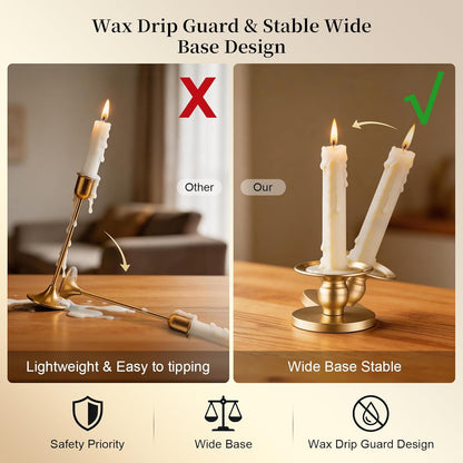 Pillar & Taper Dual Candle Holder: Fit 3"D and 0.87"D Candles - Stable Wide Base & Easy Clean - Smooth Metal Texture Candlestick for Wedding Home Holiday Table Centerpiece Decor - Set of 3 Gift (Gold)