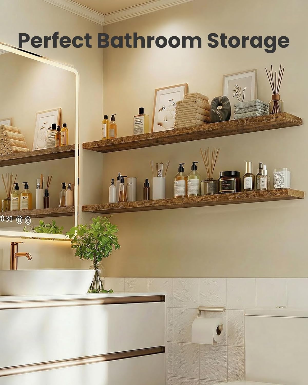 AMADA HOMEFURNISHING Floating Shelves, Wall Shelves for Bathroom/Living Room/Bedroom/Kitchen Decor, White Shelves with Invisible Brackets Set of 3 - AMFS08