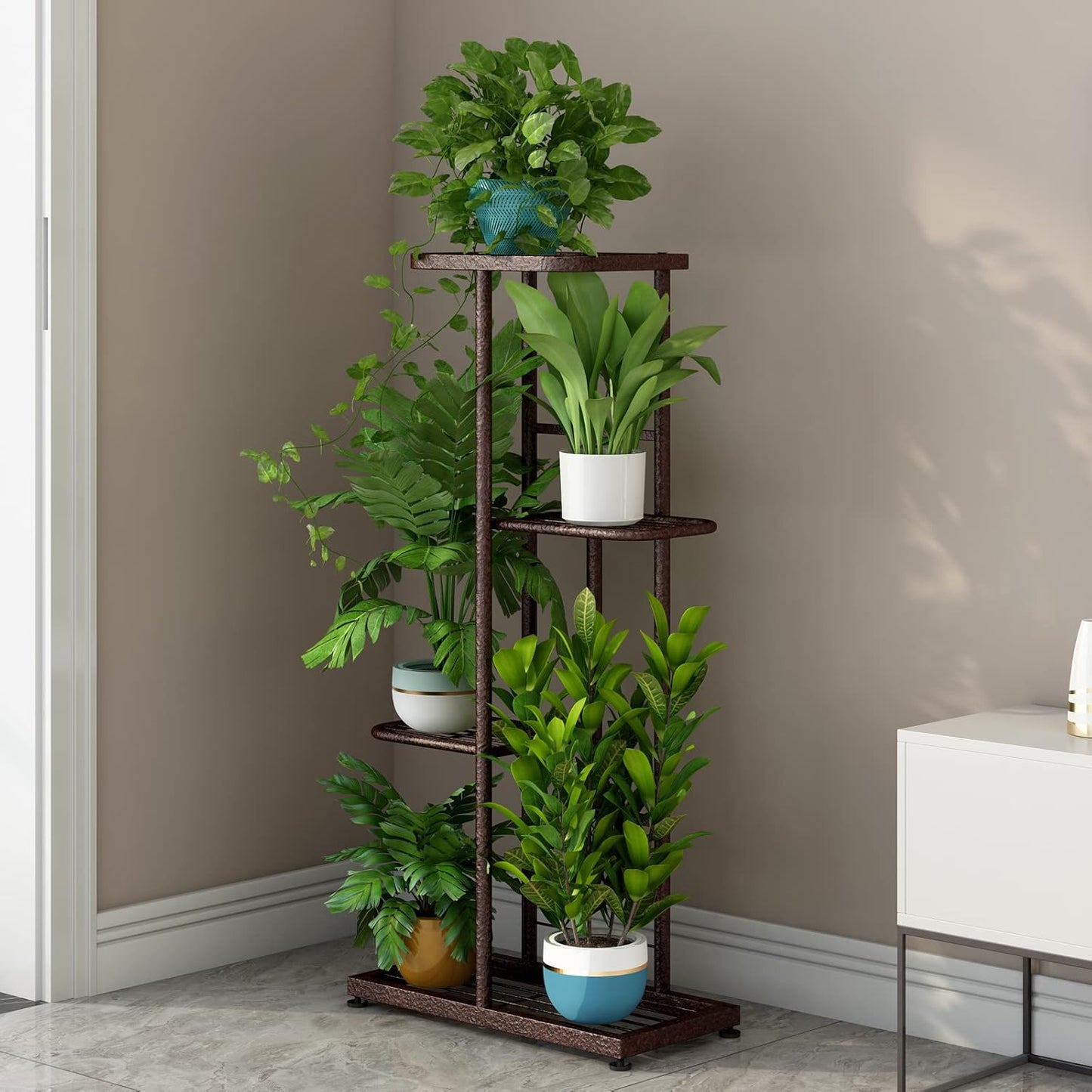 LINZINAR Plant Stand Indoor Outdoor Corner 4 Tier Metal Plant Shelf Patio Plant Rack for Garden Corner Balcony Living Room