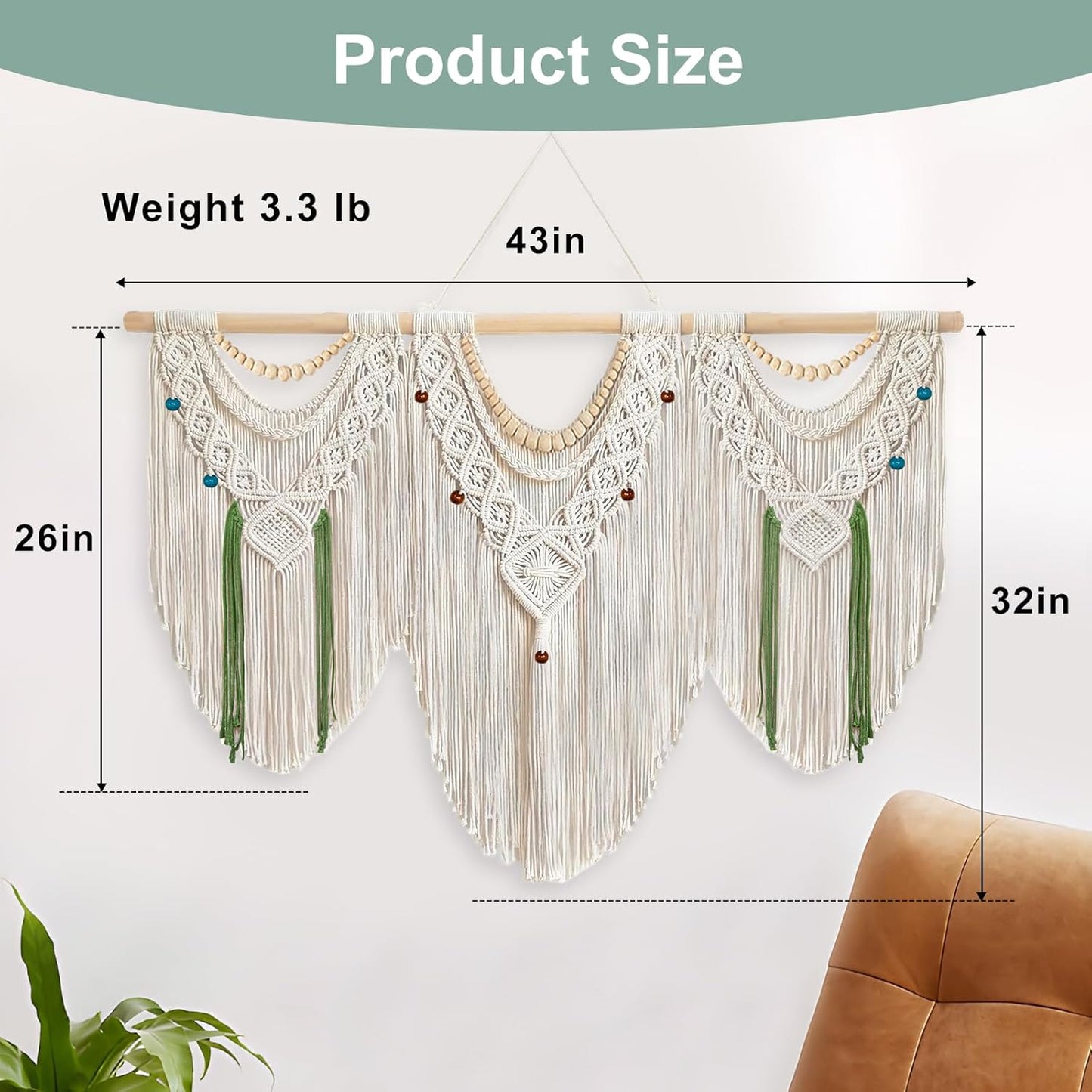 Gliterra Large Macrame Wall Hanging Handmade Boho Tapestry 43"x32" - Wall Art Decor for Living Room, Bedroom, Wedding (beige)
