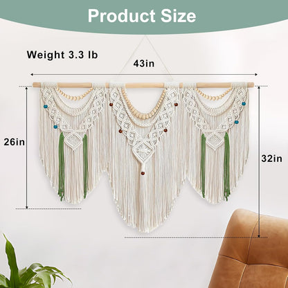 Gliterra Large Macrame Wall Hanging Handmade Boho Tapestry 43"x32" - Wall Art Decor for Living Room, Bedroom, Wedding (beige)