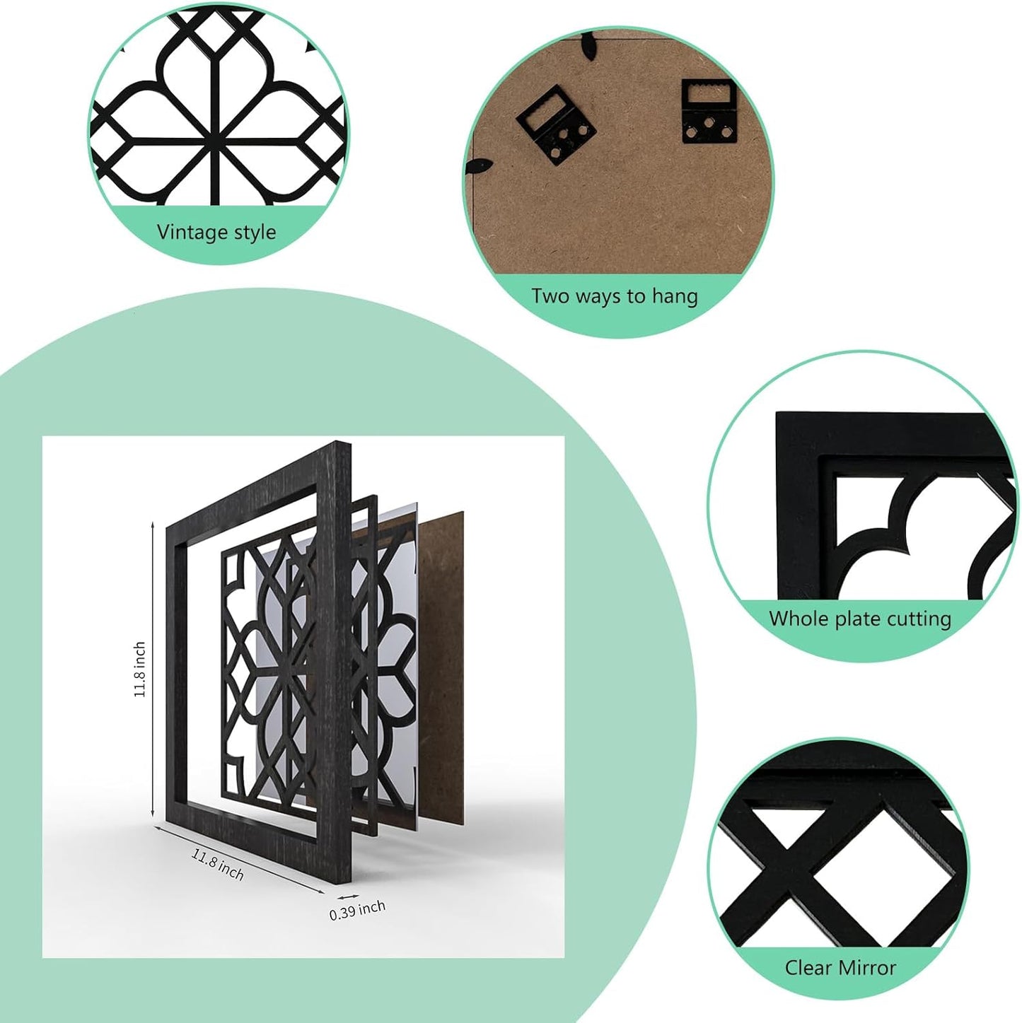 ZEXUIRU 4 Set. Rustic Wall Mirrors for Bedroom Bathroom Living Room Entryway Wood Farmhouse Square Easy to Hang Framed Decorative Accent Hanging Wall-Mounted Mirror Set for Living Room - Black