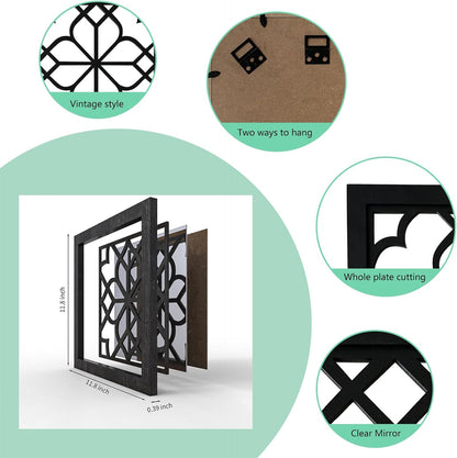 ZEXUIRU 4 Set. Rustic Wall Mirrors for Bedroom Bathroom Living Room Entryway Wood Farmhouse Square Easy to Hang Framed Decorative Accent Hanging Wall-Mounted Mirror Set for Living Room - Black